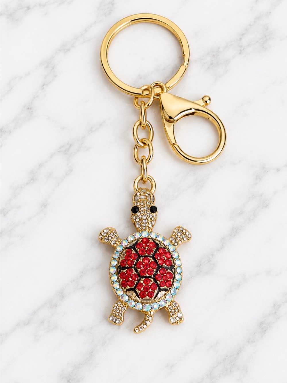 Bag Charm/Keyring-Red & White rhinestone turtle charm-Gold hardware